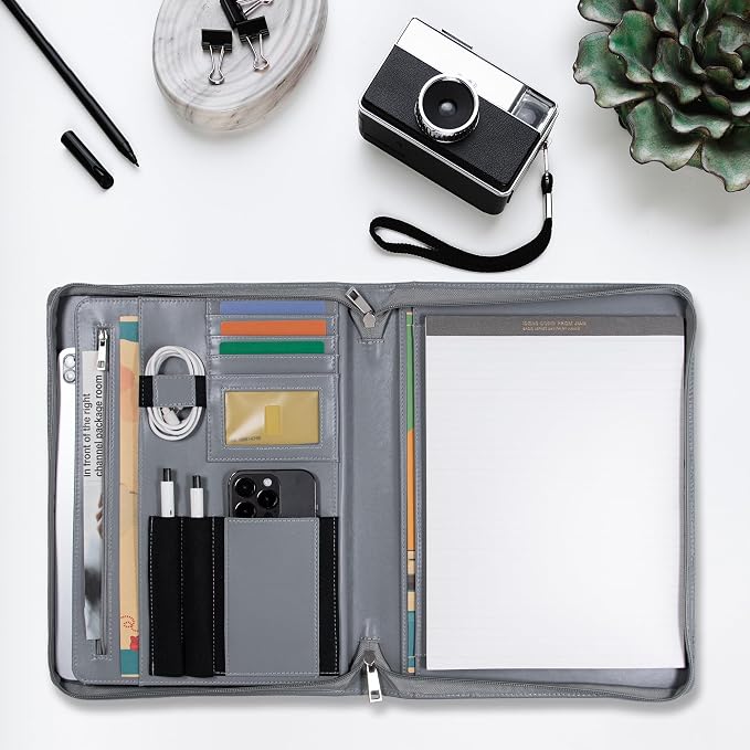 Calfinder Portfolio Binder with Zipper, Vegan Leather Padfolio for Women and Men, Business Portfolio Organizer Folder, Business Padfolio with A4 Writing Pad holder, Resume folder,Portfolio Binder Organizer