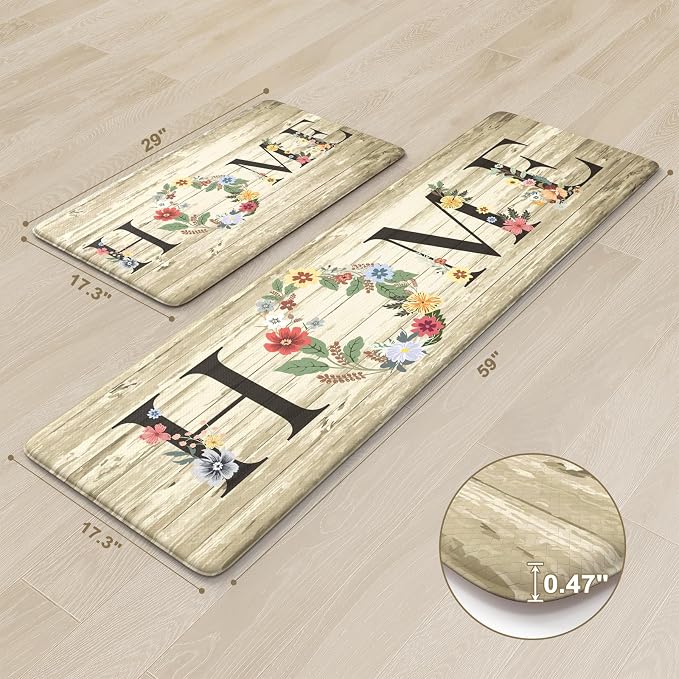 KIMODE Kitchen Floor Mats Cushioned Anti Fatigue,Farmhouse Floral Rugs Sets of 2,Memory Foam Carpet Non Slip,Long Sink Runner for Bathroom Laundry Office,Beige 17"x59"+17"x29"