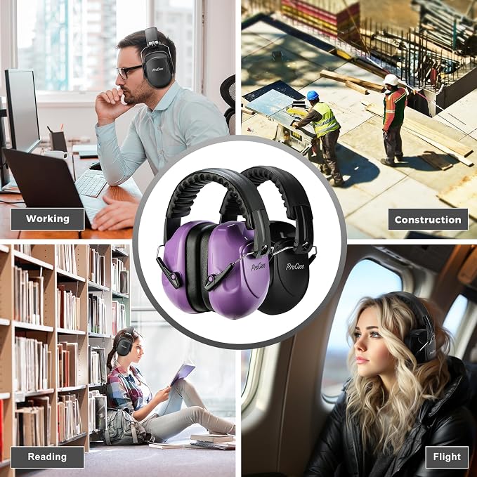 ProCase NRR 28dB Noise Reduction Ear Muffs, Foldable Adjustable Passive Noise Cancelling Headphones for Adults Kids Autism, Hearing Protection for Shooting, Construction-2 Packs, Purple&Black