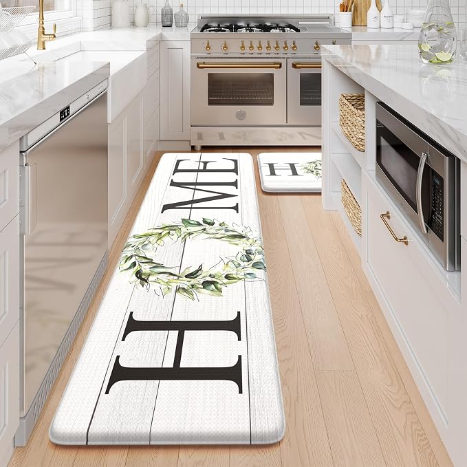 KIMODE Farmhouse Kitchen Mat 2PCS Anti Fatigue Kitchen Runner Rug Sets Non-Skid Waterproof Kitchen Floor Mat Cushioned Comfort Foam Standing Mat for Office,Laundry,Sink,Home