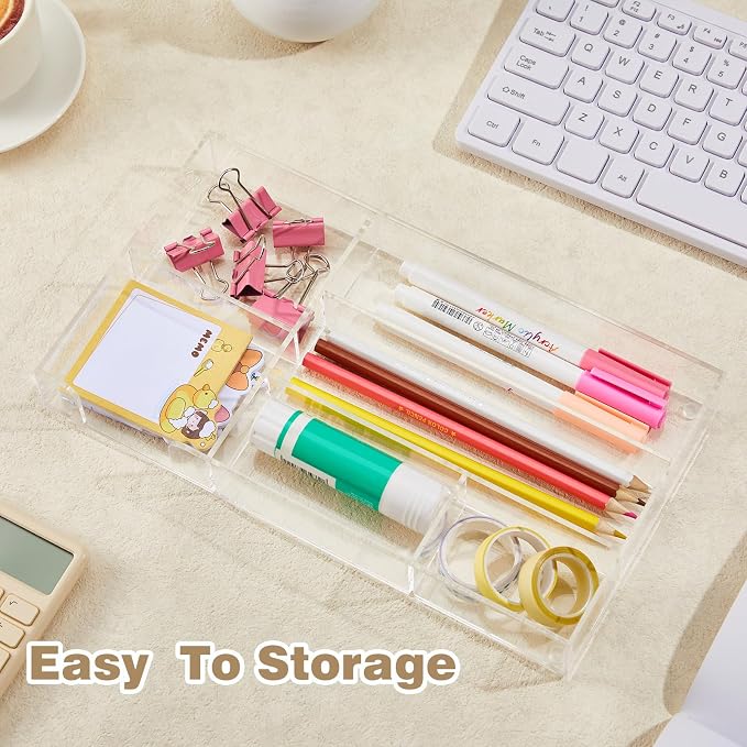 Briwooody Clear Acrylic Drawer Organizer,6 Compartments,Small | 11 x 6.1 x 1.38 Inche Desk Storage Tray Organizer for Pen, Stationery, Desktop, Office, Bathroom, Kitchen, Makeup Supplies