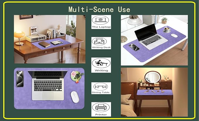 Soft Anti-Curl Faux PU Desk Mat 23.6"x13.8", Waterproof Heat Safe Non-Slip Vintage Desk Pad, Stitched Edge Wipeable Tear Resistant Desktop Protector for Work from Home Office (Purple)