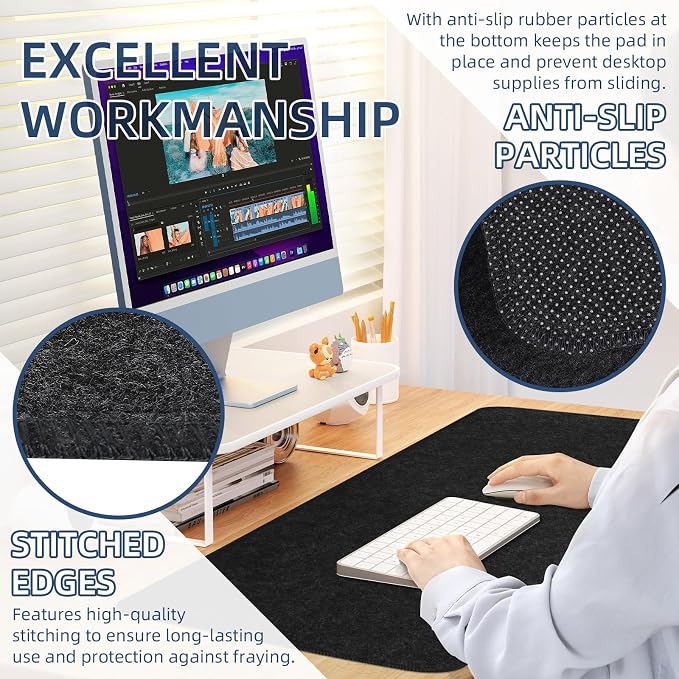 Large Felt Desk Protective Pad, 100X40cm/40''X16''Non-Slip Felt Desk Mat Extended Gaming Mouse Pad Large Desk Pad Protector for Keyboard, Computer, Mouse, Laptop (Dark Grey)