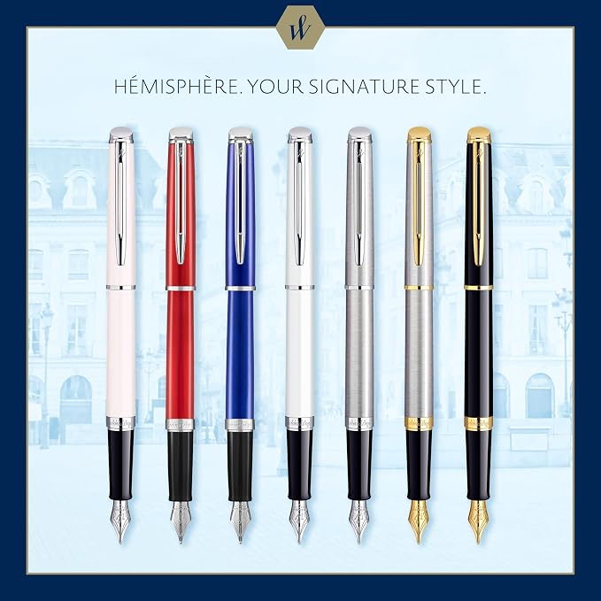 Waterman Hémisphère Fountain Pen, Stainless Steel with Chrome Trim, Medium Nib with Blue Ink Cartridge, Gift Box