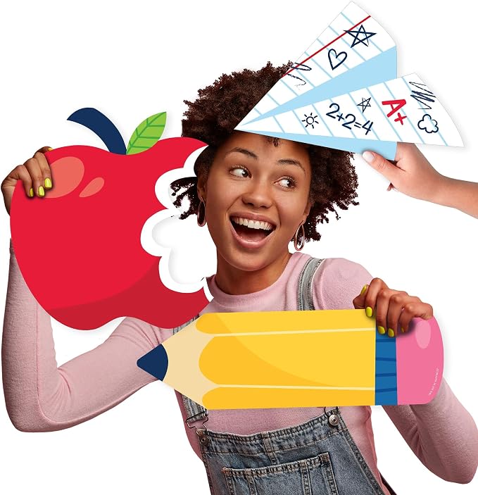 Big Dot of Happiness School Supplies - Paper Airplane, Apple and Pencil Decorations - Kids Classroom Decorations Large Photo Props - 3 Pc
