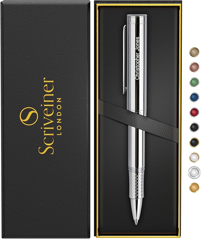 Scriveiner Personalized Silver Chrome Rollerball, Award Winning EDC Pen, Heavy Pocket Pen with Chrome Finish, Best Engraved Roller Ball Gift Set for Men & Women, Custom Name Engraving