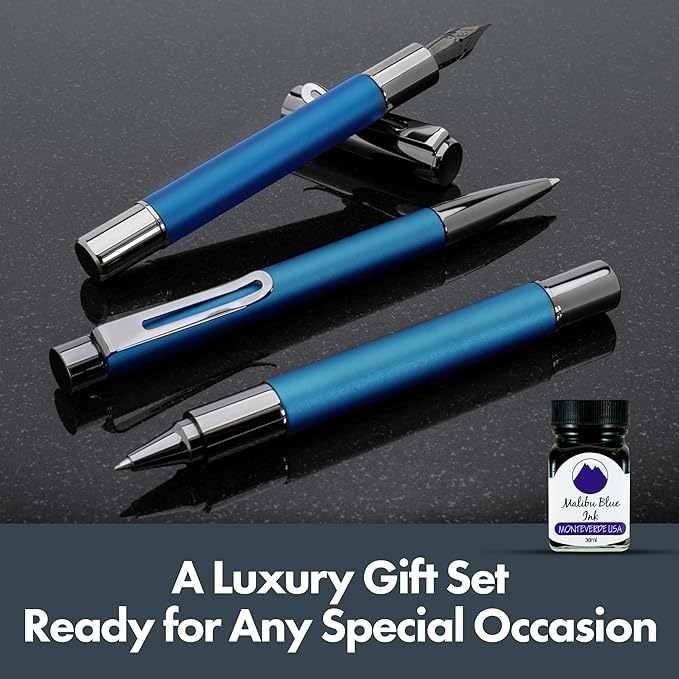 Monteverde Ritma 3+2 Piece Gift Set, Blue - Includes Broad Nib Fountain Pen, Rollerball, Ballpoint, 30ml Ink & Refill - Premium Writing Set for Professionals & Collectors