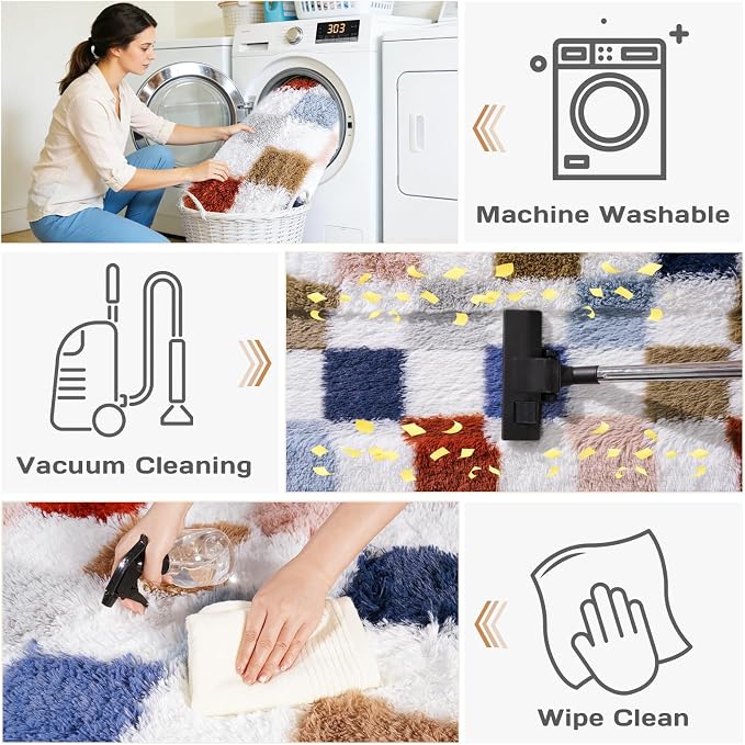 Checkered Rug 4x6 for Bedroom, Ultra Fluffy Shag Area Rugs for Living Room, Upgrade Anti-Skid High Pile Soft Rug Fuzzy Carpet for Living Room Kids Room Nursery, Dorm Home Decor, Red and Blue Colorful