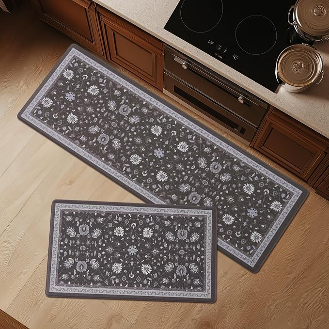 FRESHMINT Vintage Floral Kitchen Mat 2 Piece, 17x30''+17x47'', Ebony Black | Anti-Fatigue, Non Slip, Comfort, Kitchen Decor, Easy to Clean, Waterproof, Perfect for Kitchen, Laundry, Office
