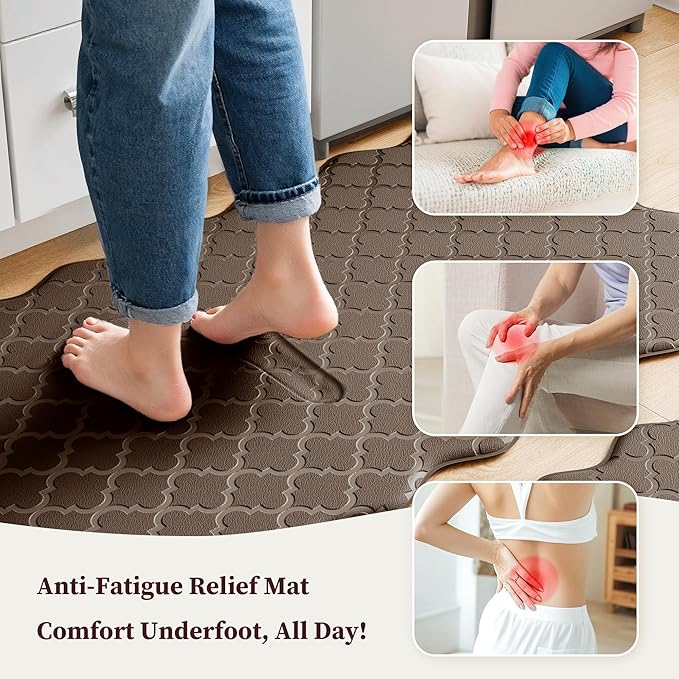 Upgrade Scalloped Embossed Kitchen Mats for Floor 2PCS Cushioned Anti Fatigue Waterproof Foam Kitchen Rugs Non Slip Washable Comfort Standing Mat for Sink Laundry, 17.3"x30"+17.3"x59", Brown