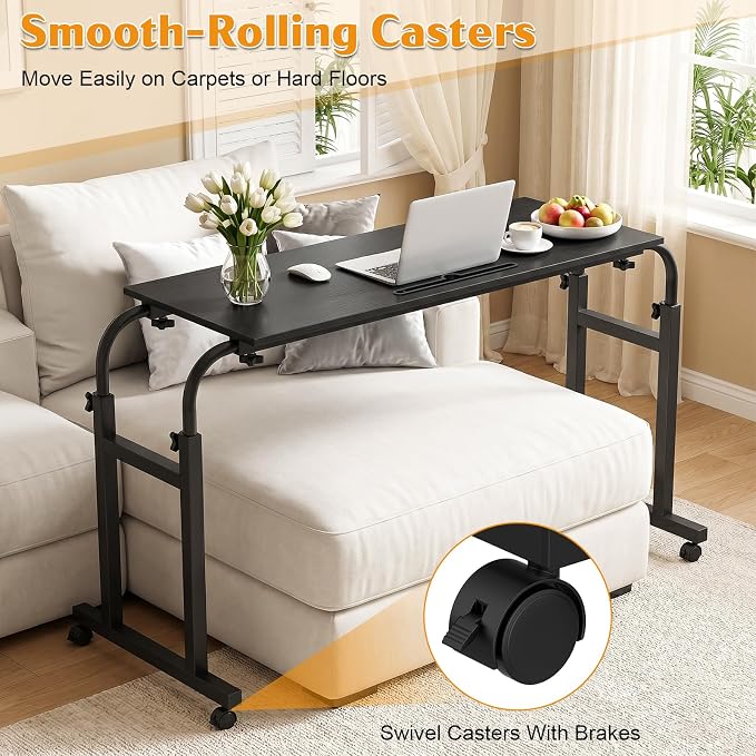 Over the Bed Table with Wheels, Height Adjustable Rolling Desk, Heavy Duty Steel Frame Laptop Workstation for Bedroom, Living Room, Hospital Use, Adults and Kids