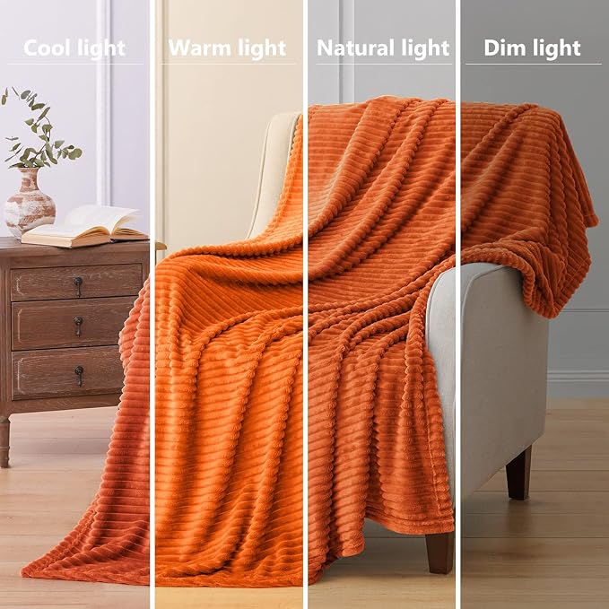 Vessia Flannel Fleece Orange Throw Blanket for Couch, Lightweight Warm Cozy Soft Striped Bed Throw for Adults and Kids, Microfiber Ribbed Sofa Blanket for All Season