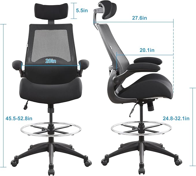 BOLISS Drafting Tall Office Chair 400lbs High Back Wide Standing Desk Chair Comfortable with Flip up Armrests Lumbar Support Adjustable Big Footrest Ring(Black)