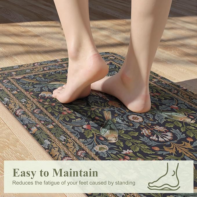 KIMODE Kitchen Mats Anti Fatigue,Cushioned Kitchen Rugs Runner | Navy Blue Green,Boho Floral Bird Kitchen Rugs Non Slip ,Wide Long Memory Foam Kitchen Floor Mat for Laundry Sink Office Home