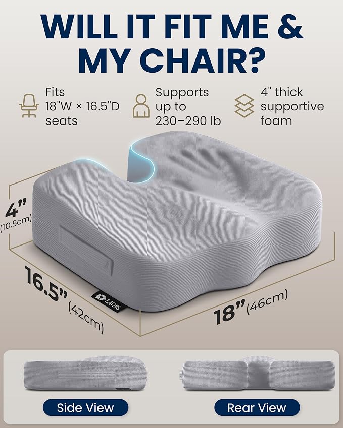 5 STARS UNITED Seat Cushion - Memory Foam Chair Cushion for Tailbone Pain Relief - Ergonomic Support for Coccyx, Sciatica & Butt - Office, Desk & Gaming Chair, Car Seat, Wheelchair, Airplane, L Gray