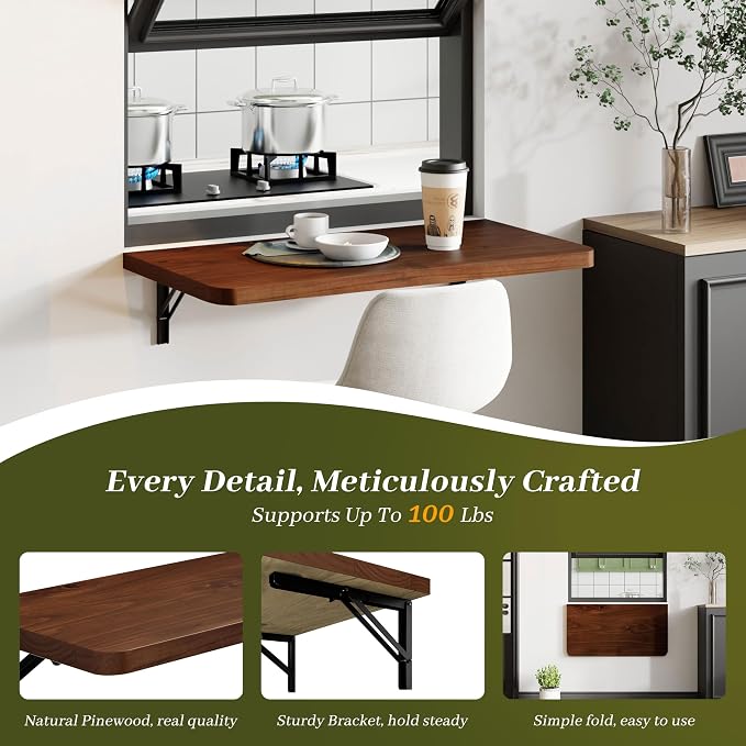 Dogsky Floating Wall Desk, 24" x 14" Wall Mounted Folding Table, Pine Wood Fold Down Wall Table, 100 lb Capacity Wall Mount Desk for Small Apartment, Laundry Room,Kitchen,Bar & Computer, Walnut