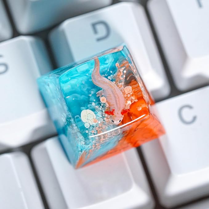 Pink Axolotl Artisan Keycap Orange Blue Ocean - 1U ESC, R1 SA Profile Custom Handmade Resin Cherry MX Switch Key Cap Mechanical Keyboard, Cool Tech Gifts for Men, Dad, Father, Gamer, Axolotl Lover