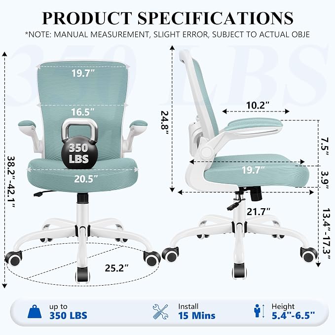 FelixKing Office Chair, Ergonomic Desk Chair Breathable Mesh Chairs Adjustable High Back Lumbar Support Flip-up Armrests, Executive Rolling Swivel Comfy Computer Chairs Home Office Light Blue