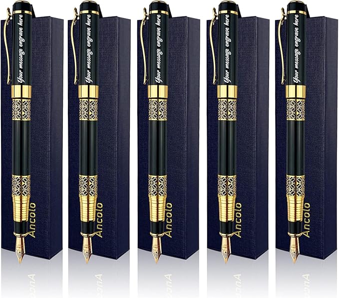 Ancolo Custom Ink Pens with Name on the Pens - Souvenir Gift Set with 5 Pen Box 10 extra Black Refills Engraved pens Gift for Christmas Father's day Graduation Wedding Gifts