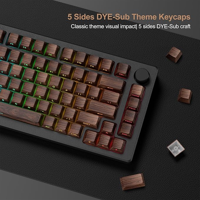 XVX PBT Keycaps - Side Print Shine Through Custom Keycaps 60 65 75 100 Percent, Retro Dye Sub & Double Shot Key caps Set 126 Keys, Cherry Profile for Mechanical Keyboard, Walnut Textures