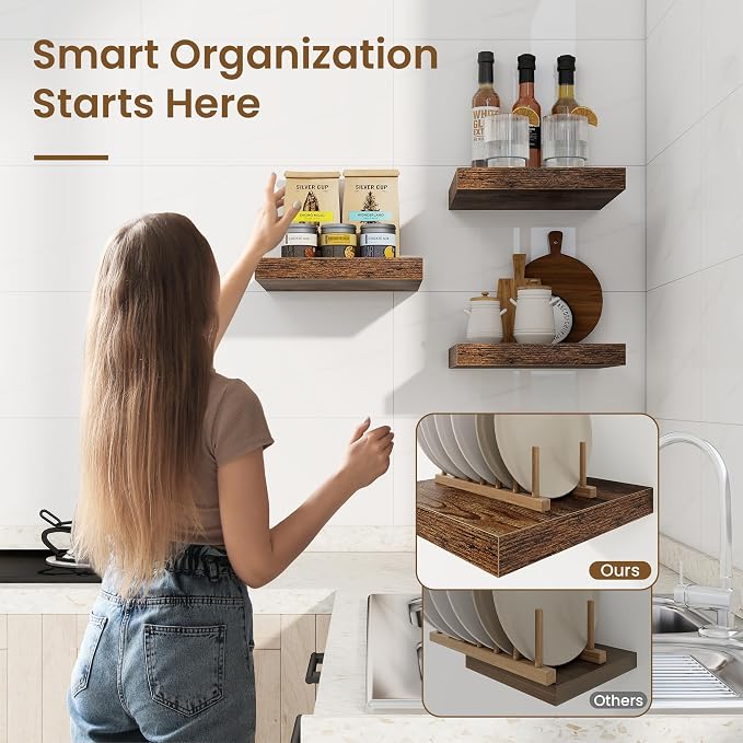 Square Floating Shelves for Wall, 10"W x 10"D x 1.25"H, 3 Packs Small Wall Mounted Engineered Wood Shelves with Invisible Brackets for Living Room, Bedroom, Bathroom, Kitchen Decor, Rustic Brown
