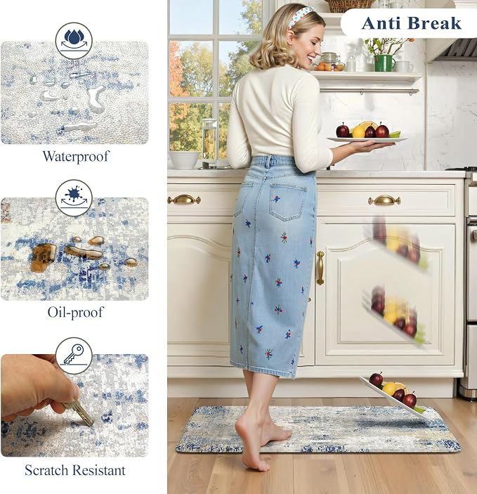 LEEVAN Anti Fatigue Kitchen Mats for Floor, Cushioned Kitchen Mat Set 2PCS | 17.3"x29"+17.3"x47", Modern Abstract Blue Kitchen Rugs Non-Slip, Waterproof Ergonomic Standing Mat for Laundry, Office, Sink