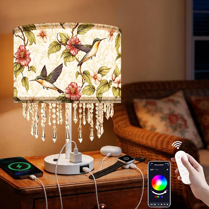 Smart Table Lamp with Hummingbird Fabric Shade & Acrylic Droplets, Dimmable E26 LED Bulb Included, Bedside Desk Lamp with USB C & AC Outlet , App & Voice Control, Works with Alexa & Google Assistant