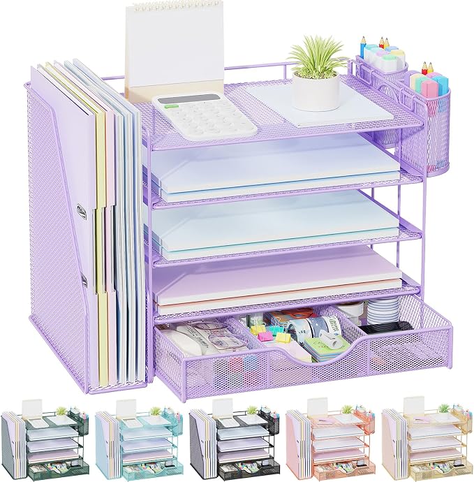 gianotter 5-Tier Desk Organizer with Drawers and File Holders | Letter Trays and Pen Holders - Workspace Accessories for Office Supplies (Light Purple)