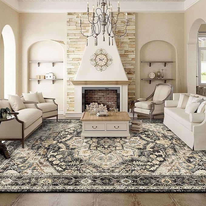 TOPRUUG Washable Oriental Area Rug - 9x12 Rugs for Living Room Soft Carpet for Bedroom Waterproof Floral Distressed Indoor Stain Resistant Non-Shedding Floor Carpets (Black/Grey, 9x12)