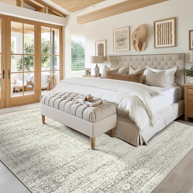 Srugn Washable Rugs 6x9 Area Rugs for Living Room,Bedroom,Dining Room- Large Ultra Soft Faux Wool Retro Carpets,Non Slip&Non-Shedding Low Pile Vintage Print Rug for Home Office Decor-Beige