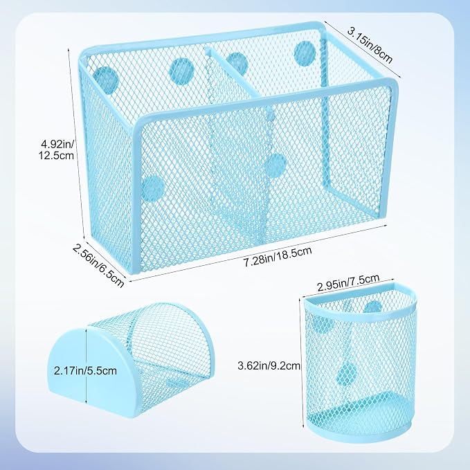 Sherr 3 Pcs Magnetic Pen Pencil Holder Set Magnets Wire Mesh Marker Holder Storage Basket for Locker Accessories Classroom Whiteboard Refrigerator and Home Wall, Macaron Color(Blue)