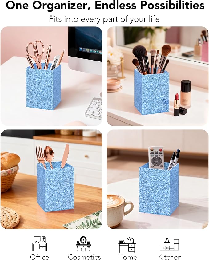 Acrylic Pen Holder Desk Organizer for Office, Blue Glitter | Sparkling glitter acrylic makeup brush and pencil holder for desk, Modern desktop organizer for home, school and office