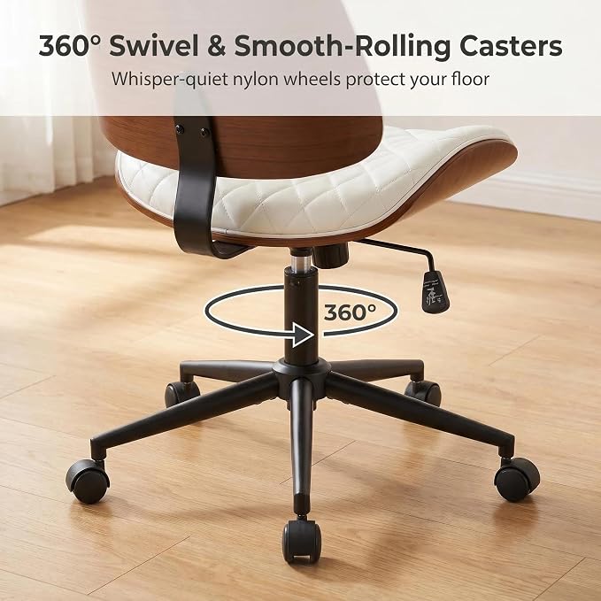 Furnimart Wooden Armless Desk Chair with Wheels, 360° Swivel Faux Leather Vanity Chair for Bedroom, Small Office Computer Task Chair for Home & Compact Spaces (PU White)