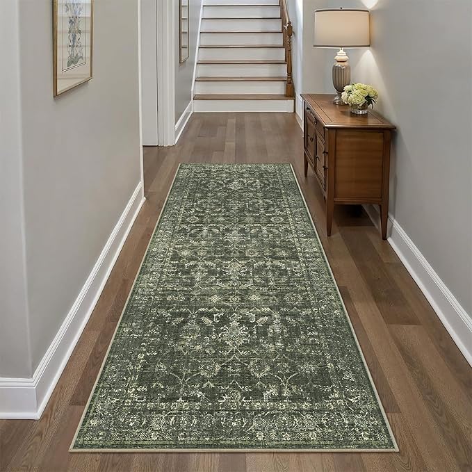 3x7 Green Runner Rug Hallway Washable Area Rugs Kitchen Vintage Boho Non Slip Long Rug Floral Carpet Indoor Retro Soft Low Pile Throw Rug for Bedroom Bathroom Laundry Dining Living Room Office