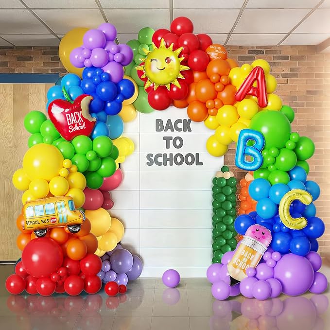 Welcome Back To School Balloon Arch Kit,158Pcs Rainbow Balloon Garland with Sun,Apple,School Bus,Pencil,ABC Foil Balloons for Kindergarten Graduation First Day of School Classroom Party Decorations
