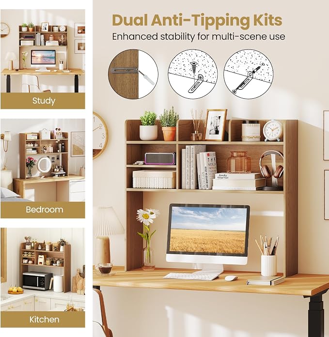 Tangkula Desktop Bookshelf for Computer Up to 32”, 37” Countertop Storage Hutch with 6 Storage Shelves, 3-Tier Desktop Organizer Display Rack, Wooden Desk Hutch for Dorm Home Office (Natural)