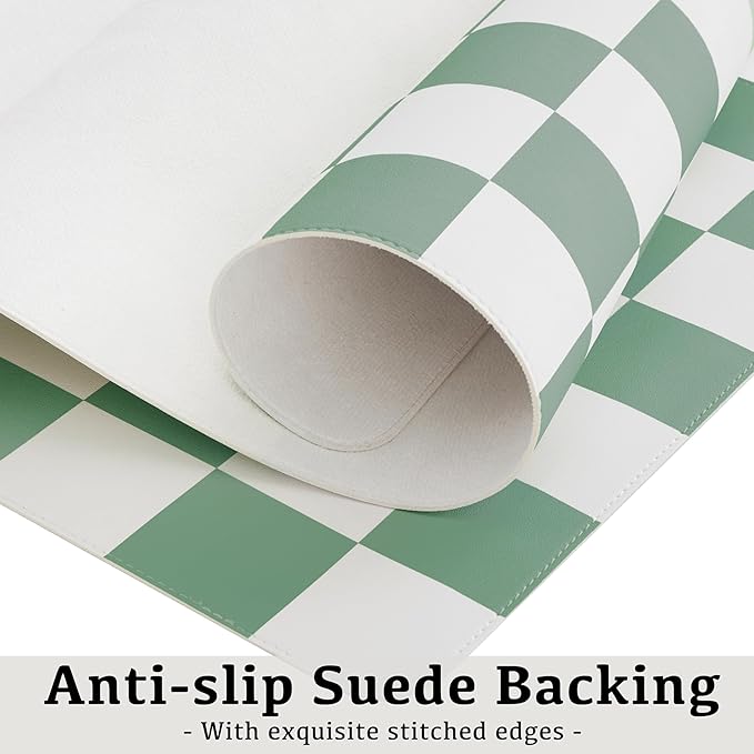 Checkered Desk Mat, Large Cute Aesthetic Retro PU Leather Computer Laptop Desk Mat, Non-Slip Waterproof Mouse Keyboard Pad, Desk Writing Mat for Work/Home (Sage, 23.6" x 13.7")