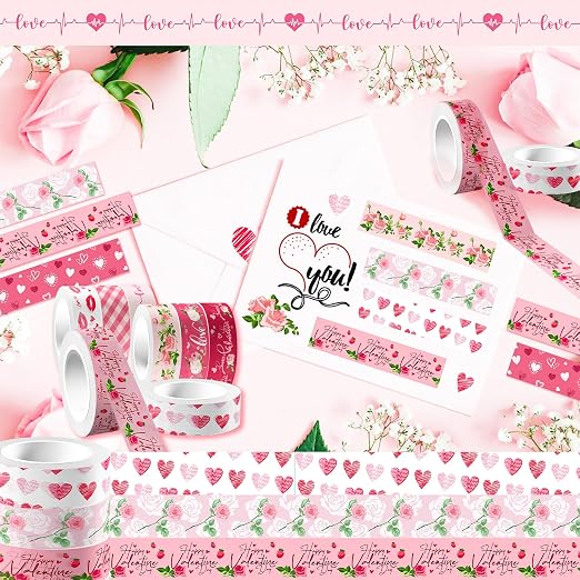 12 Rolls Pink Heart Washi Tape Set, Love Heart Cute Masking Tape Decorative Paper Tape for DIY Craft Wrapping Scrapbook Envelope Birthday Wedding Tea Party Decor,16.4FT