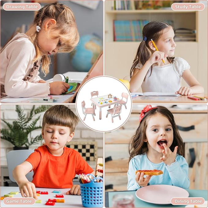 DOREROOM Adjustable Kids Table & 4 Chairs Set, 31.5" L x 23.6" W, Pink | Graffiti Desktop,Table Supports 300 lbs,Toddler Ages 2-8，FSC-certified, Children Activity Table for Daycare, Classroom, Home