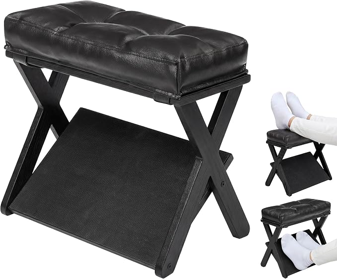 Double Step Foot Stool Under Desk, Wooden Ergonomic Foot Rest with Non-Slip EVA Surface, Office Footstool for Posture Support, Home Office Gaming Desk Foot Rest for Adults-Black