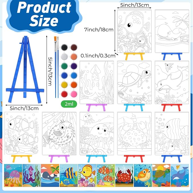 Blosssound 10 Set Pre Printed Canvas Pre Drawn Canvas Painting with Easel Kits 5" x 7" Outline Painting Panels for Beginners, DIY Craft Project, Home Decors(Ocean)