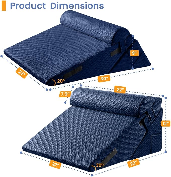Sasttie Adjustable Wedge Pillow Set for After Surgery, Navy | Bed Wedge Pillow Headboard with Memory Foam Neck Cushion, for Acid Reflux, Sleeping, Neck & Back Support