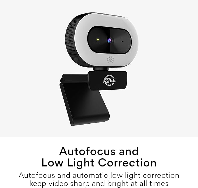 MEE audio CL8A 1080p HD Webcam with Ring Light, Microphone, Autofocus, Low Light Correction, 360° Rotation; USB Streaming Web Camera for Video Calling via Zoom/Skype on Computer PC Mac Laptop Desktop