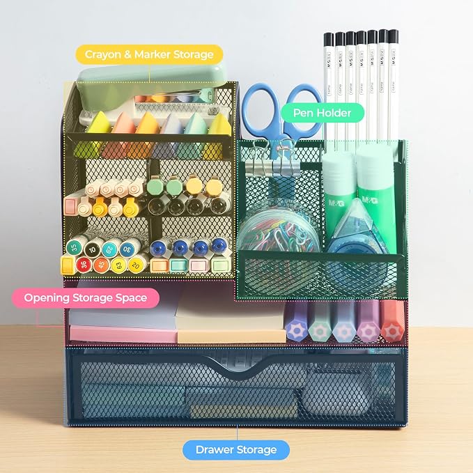 M&G Mesh Pen Holder for Desk, Multi-Functional Pencil Holder with Drawer Desk Organizer, Large Capacity Office Desk organizers and Accessories (Black)