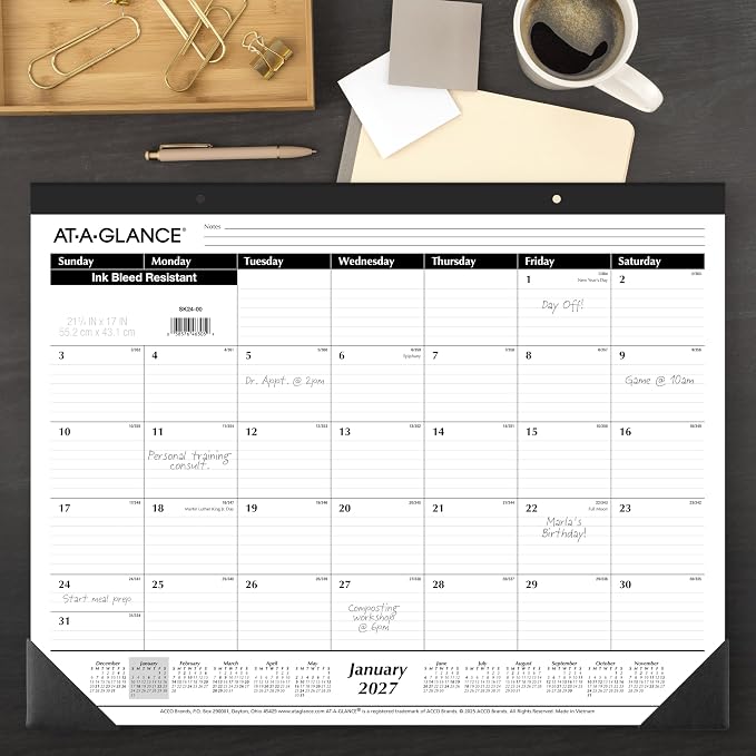 AT-A-GLANCE 2027 Desk Pad Calendar, Monthly Desk Wall Planner, 21.75" x 17", Ruled Blocks (SK240027)