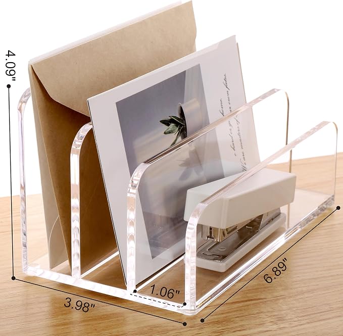 SANRUI Clear Mail Organizer Desk Sorter, Acrylic Letter File Holder 3-Slot | Laddered Office Document Mails Storage, Multifunction Letter Folder Racks Holders for Office,Home, School Desk Organization