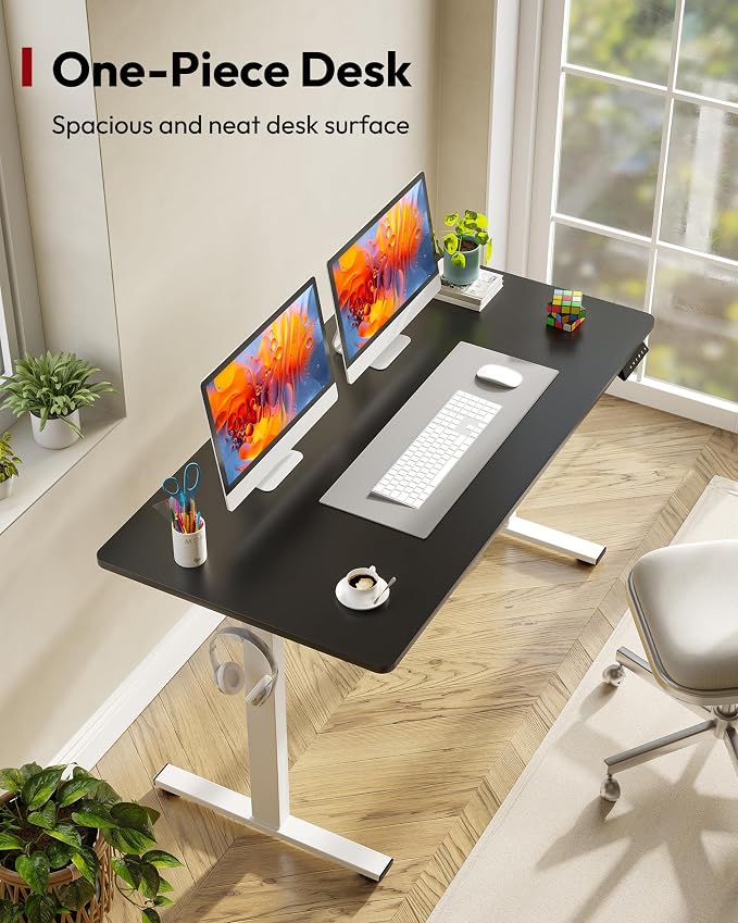 SANODESK One-Piece Electric Standing Desk, Seamless 55 x 28'' Ergonomic Height Adjustable Sit Stand Desk with Memory Presets for Home Office Computer Workstation, White Frame/Black Top
