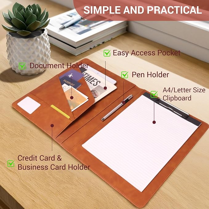 Professional Portfolio Binder, Faux Leather Padfolio for Resume, Note-Taking & Meetings, A4 Letter Writing Pad Holder (BrownF)