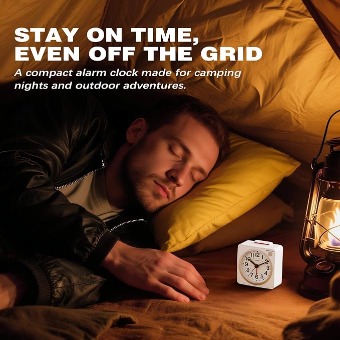 AYRELY® 2.6" × 1.4" Ultra Small Battery Operated Analog Travel Alarm Clock | Silent Non-Ticking Retro Bedside Table Clock with Snooze, Light and Easy Top Alarm Switch for Travel and Bedrooms (White)