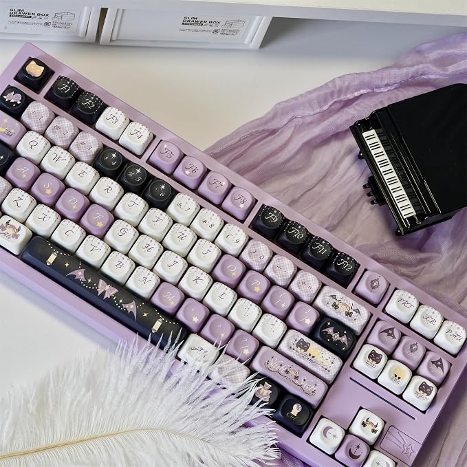 Custom Keyboard Keycaps,MOA Profile Halloween-Themed Keycaps PBT Dye-Sublimation 129 Keys Full Size Key Caps Set for Cherry MX Switches Mechanical Gaming Keyboard DIY (Purple-Witch)